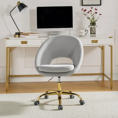 TINA'S HOME Silla de oficina moderna de terciopelo con giro ajustable, cómoda silla de escritorio tapizada con respaldo abierto, pequeña y bonita