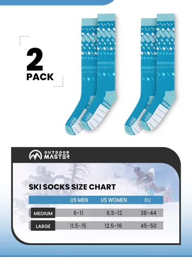 Miniatura 6 de OutdoorMaster Calcetines de esquí, paquete de 2 pares de calcetines de esquí y snowboard para hombres y mujeres con diseño OTC con puño