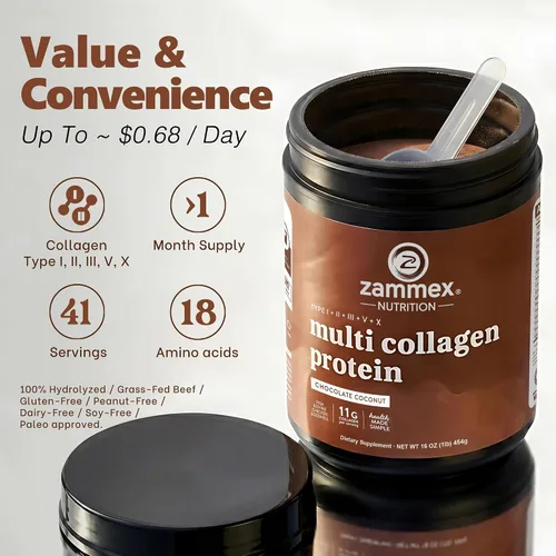 Miniatura 6 de Zammex Polvo de proteína de colágeno múltiple, tipo I, III y V y X, péptidos de colágeno hidrolizados para mujeres y hombres, apoya el cabello