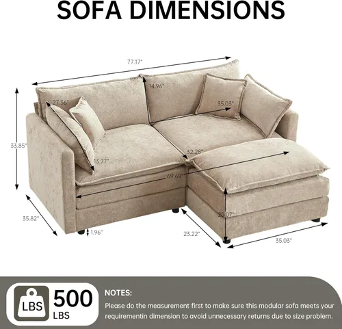 Miniatura 2 de Sofá modular seccional, juego de sofá en forma de L de 77 pulgadas con reposabrazos, cómodos sofás de nube de 2 plazas para sala de estar