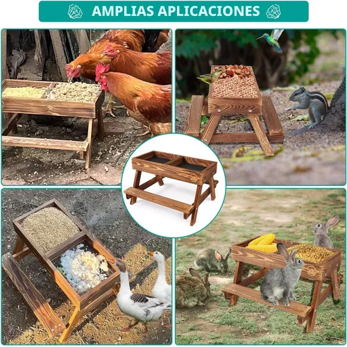 Miniatura 5 de Mesa de pollo sin residuos, comedero de picnic de pollo hecho a mano de madera carbonizada, kit grande de comedero de pollo para bricolaje, Madera