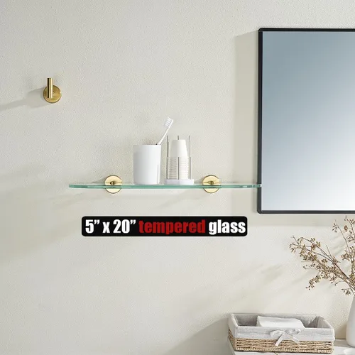 Miniatura 2 de JQK Estante de vidrio para baño dorado, almacenamiento de ducha de vidrio templado de 20 por 5 pulgadas, montaje de pared dorado cepillado de acero