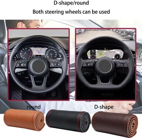 Miniatura 5 de Funda para volante de automóvil, ajuste universal, punto redondo, funda fina de piel sintética cosida en volante de automóvil de 15 pulgadas (negro)