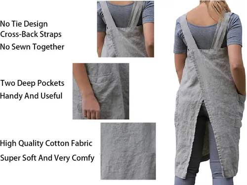Miniatura 4 de Delantal Pinafore con espalda cruzada con bolsillos, delantal de lino y algodón, talla grande Gris