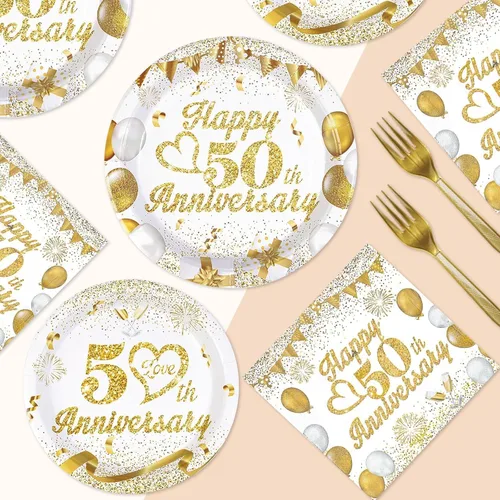 Miniatura 2 de Grencian 96 piezas de decoración de aniversario de boda del 50 aniversario dorado, platos y servilletas de papel blanco y dorado, suministros