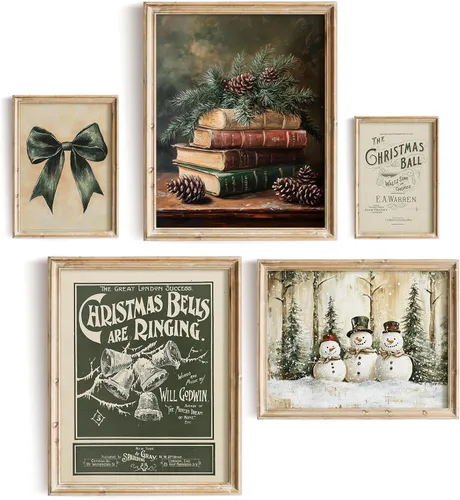 uniro Juego de 5 impresiones artísticas navideñas de color verde oscuro para pared, galería, decoración de casa de campo de invierno, decoración de