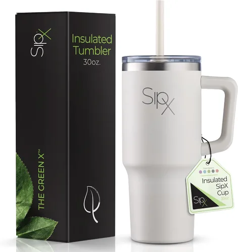 Miniatura 12 de SipX™ Vaso aislado de 30 onzas con asa y pajita, acero inoxidable aislado al vacío, a prueba de fugas, apto para portavasos - Perfecto para café