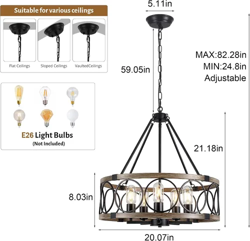 Miniatura 4 de Candelabro de Granja para Comedor de 5 Luces Negro Rústico de Tambor Candelabros de 20" Textura de Madera Lámpara Colgante Ajustable para Isla