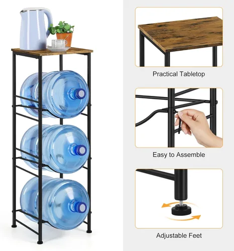 Miniatura 3 de OYEAL Soporte para botella de agua de 5 galones, organizador de 3 niveles con estante superior, dispensador de agua resistente para cocina, sala