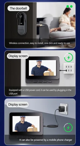 Miniatura 4 de TKMARS Timbre de puerta inalámbrico con video, con video HD 1080P, audio bidireccional, ángulo de 170°, pantalla de 4.3 pulgadas, IPX65 impermeable