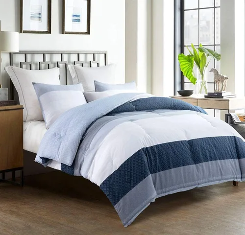 Miniatura 3 de Sleepbella - Edredón tamaño individual, algodón de 600 hilos, patchwork a rayas en blanco y azul marino, diseño reversible en azul, con relleno