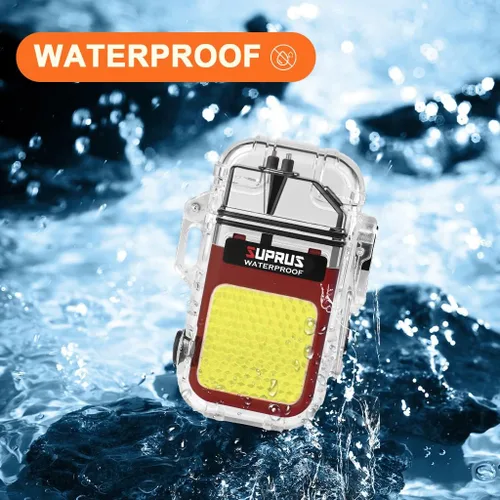 Miniatura 4 de SUPRUS Impermeable 3 modos de linterna a prueba de viento, encendedor de plasma de doble arco eléctrico recargable de doble arco con silbato de Rojo