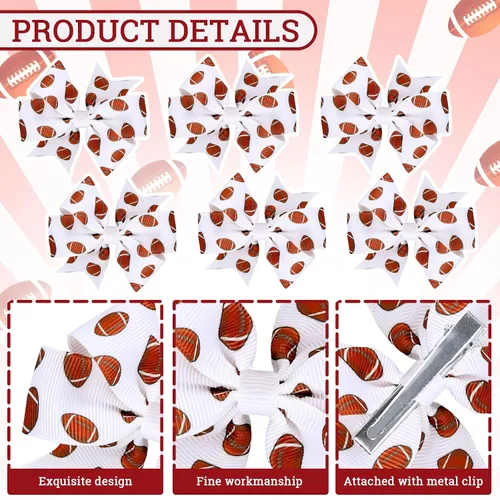 Miniatura 3 de Whaline 6 pinzas para el pelo de fútbol para niñas, estampado de fútbol marrón y blanco, cinta de grogrén con temática deportiva, pinzas