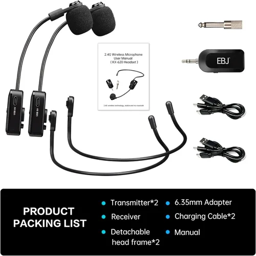 Miniatura 9 de EBJ Micrófono de auriculares inalámbricos 2.4G y micrófono de mano 2 en 1, transmisión estable de 98.4 ft, carga USB dual tipo C, compatible