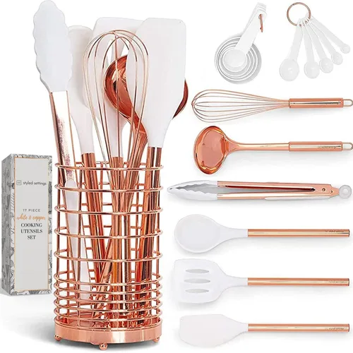 Juego de utensilios de cocina de silicona y cobre blanco con soporte - 17 piezas de elegantes herramientas de cocina en color oro rosa para Blanco y