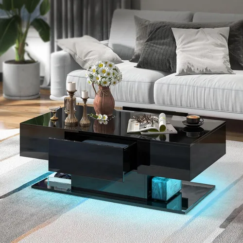 Miniatura 4 de Tangkula Mesa de centro LED con 2 cajones, mesa central moderna de alto brillo, luces LED regulables de 20 colores y control remoto, mesa auxiliar