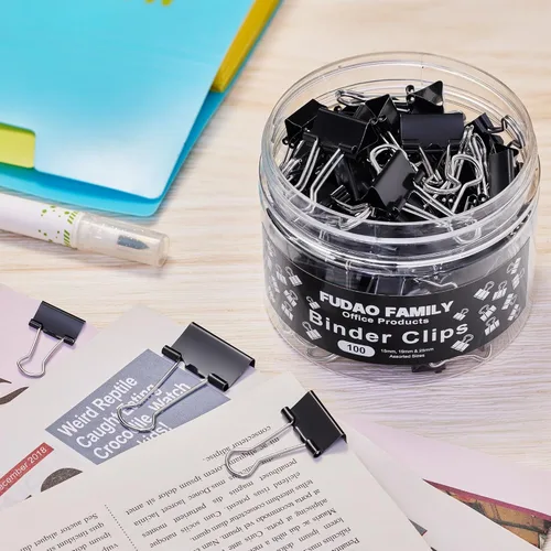Miniatura 5 de 100 clips para carpetas de varios tamaños, abrazaderas de papel negro, mediano, pequeño, mini 3 tamaños con caja para oficina, escuela y hogar