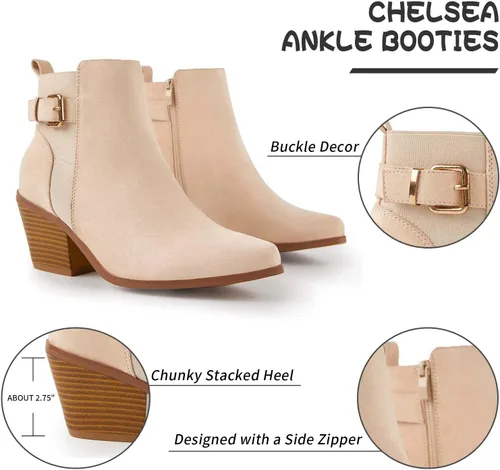 Miniatura 3 de TINSTREE Botines de punta para mujer, con botones y hebilla, para decoración de tacón grueso apilado, botines de moda con cremallera lateral, piel
