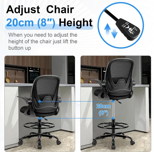 Miniatura 6 de Silla de dibujo alta de oficina con reposabrazos abatibles, altura ajustable y soporte lumbar mejorado, taburete ergonómico rodante, soporte de Negro