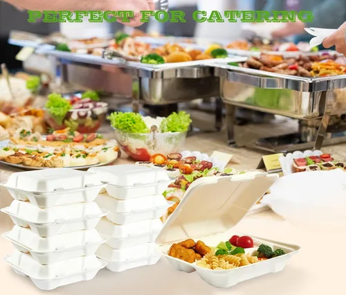 Miniatura 6 de Vplus Paquete de 300 Recipientes compostables para llevar con diseño de concha, de 20,3 x 20,3 cm, desechables y ecológicos, con 3 compartimentos