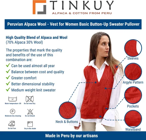 Miniatura 5 de TINKUY PERU - Chaleco de lana de alpaca con cuello en V y rombos para mujer, tallas S-4XL