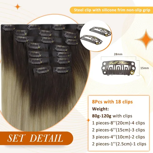 Miniatura 2 de Full Shine - Extensiones de cabello con clip ombré de 12 pulgadas, de castaño oscuro a rubio platinado, cabello humano real con trama de PU, 8 piezas