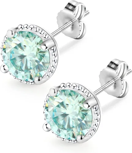 2CT Round Cut Aquamarine Moissanite Earrings 18 K White Gold Plated S925 Sterling Silver Earrings Blue Moissanite Hypoallergenic Earrings For Women