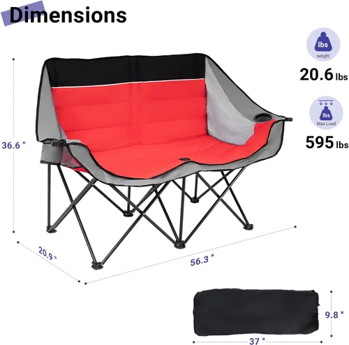 Miniatura 3 de Byliable Silla de campamento doble para exteriores, de 2 plazas, de gran tamaño, portátil, plegable, con portavasos y bolsillo de almacenamiento