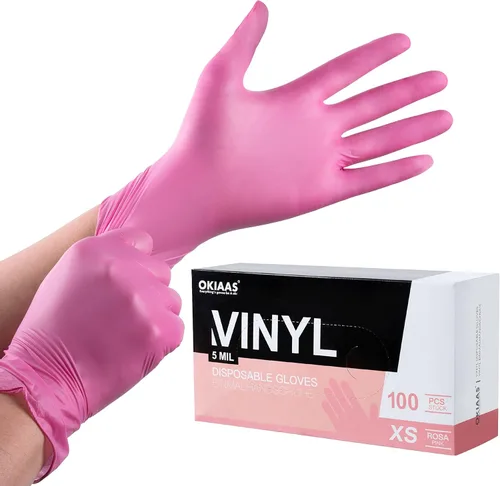 OKIAAS - Guantes desechables de vinilo color negro/rosa sin látex, grado alimenticio, 5 mil, para cocinar, limpieza, tinte para el pelo,