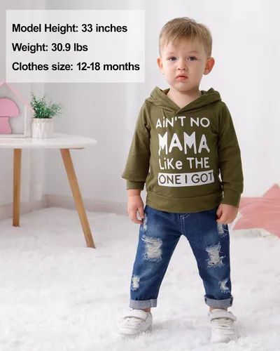Miniatura 4 de WESIDOM Ropa de bebé niño, sudadera con capucha de impresión de manga larga con pantalones de mezclilla conjunto