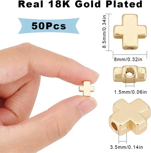 Miniatura 2 de SUNNYCLUE 1 caja de 50 cuentas cruzadas auténticas chapadas en oro de 18 quilates a granel, mini cuentas pequeñas de cruz dorada, dije de cruz 1