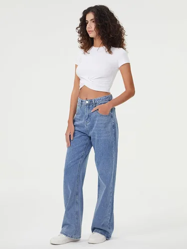 Miniatura 3 de HDLTE Jeans de pierna ancha para mujer, pantalones holgados de cintura alta, pantalones de mezclilla holgados estilo boyfriend, Y2K