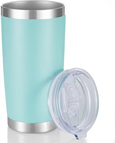 Miniatura 45 de Vaso de acero inoxidable de 20 onzas con tapa, doble pared aislada al vacío, taza de café de 20 onzas con recubrimiento en polvo para bebidas Verde