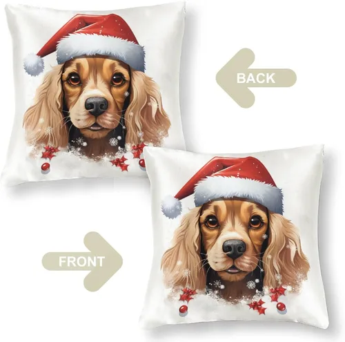 Miniatura 3 de Divertidas fundas de almohada de satén de Navidad con diseño de perro y cocker spaniel con gorro de Papá Noel, copos de nieve, decoración