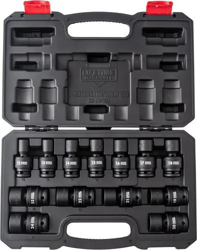 SUNEX TOOLS 2665, Juego de llaves de impacto universales de 1/2 pulgada, 13 piezas, métrico, 0.472 in - 0.945 in, acero de aleación Cr-Mo, diseño de