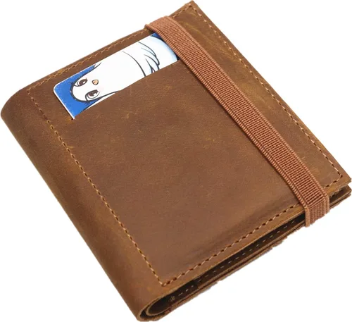Cartera de cuero genuino para hombres cartera plegable para hombres cartera corta delgada de cuero de grano completo Marrón Estilo vintage