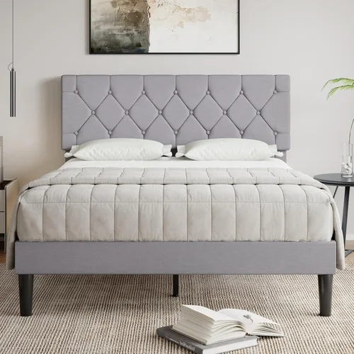 Miniatura 11 de VECELO Base de cama tamaño individual con cabecera capitoné con botones, base de cama tapizada con soporte de listones de madera, no necesita Beige