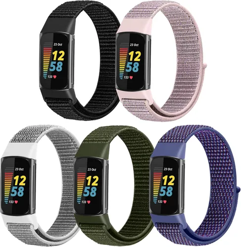 Correas de reloj de nailon compatibles con Fitbit Charge 6/Charge 5, paquete de 5 correas de repuesto ajustables suaves y transpirables para Charge