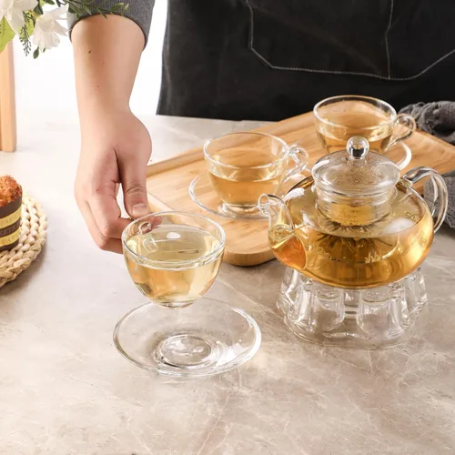 Miniatura 4 de Juego de teteras de vidrio, 40 onzas/40.6 fl oz, hervidor de té de vidrio seguro para estufa con infusor extraíble y calentador de té, tazas de té