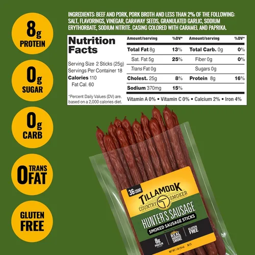 Miniatura 2 de Tillamook Country Smoker - Salchichas ahumadas, salchicha Hunter's, 16 onzas (paquete de 36 palitos de carne), ahumadas con madera dura auténtica