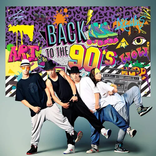 Miniatura 4 de Telón de fondo con temática de los años 90, graffiti de hip hop, fondo de pancarta de fiesta de los 90, 71 x 43.3 pulgadas, decoración de mesa