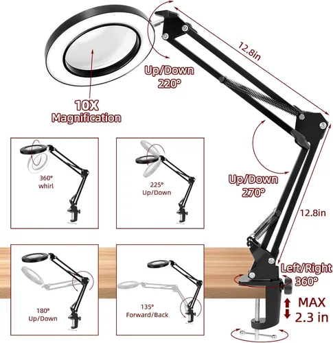 Miniatura 4 de Lámpara de escritorio con lupa de iluminación: 10x lupa de luz con 3 modos de color y 10 niveles de atenuación
