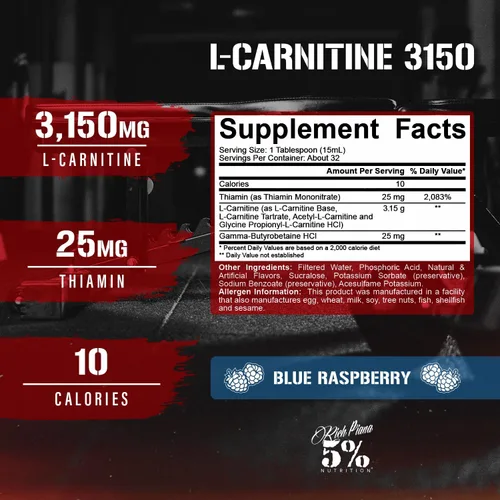 Miniatura 3 de 5% Nutrition Rich Piana Liquid L-Carnitine 3150 Mezcla premium de 4 fuentes + GBB, la súper carnitina (frambuesa azul)