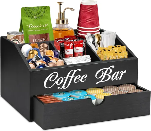 Organizador de barra de café, accesorios de barra de madera con cajón, organizador de estación de café, cesta de almacenamiento, estación de