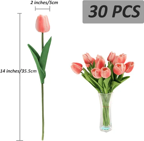 Miniatura 2 de KOILLUXU Flores artificiales, 30 ramos de tulipanes de tacto real de 14 pulgadas de alto, tulipanes falsos de poliuretano rosa melocotón