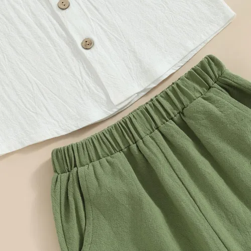 Miniatura 6 de Karuedoo Conjunto de 2 piezas de ropa de algodÃ³n y lino de manga corta con botones y pantalones cortos para el verano