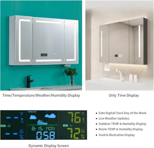 Miniatura 3 de FCH Botiquín LED con espejo inteligente, botiquín de baño de 48 pulgadas de ancho con Bluetooth y altavoz, reloj, pantalla de temperatura ambiente