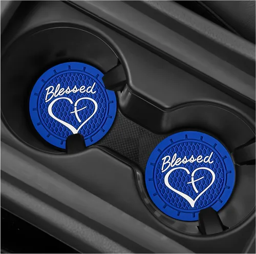 Miniatura 10 de 2 piezas posavasos para portavasos de automóvil, 2.76 pulgadas, PVC suave antideslizante, cruz bendita y corazón, posavasos cristianos para Negro