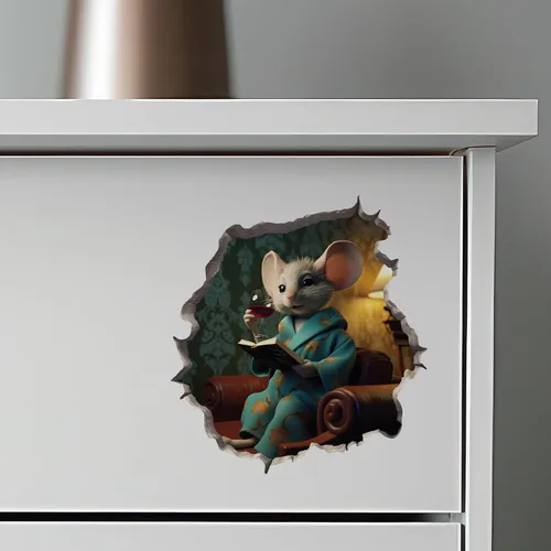 Miniatura 6 de Calcomanía de pared 3D con agujero de ratón con diseño de vino y libro mí