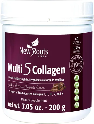 NEW ROOTS HERBAL Multi 5 - Suplemento de colágeno en polvo de coco (tipos I, II, III, V y X) Colágeno hidrolizado, sin lácteos ni gluten, 0.42 oz
